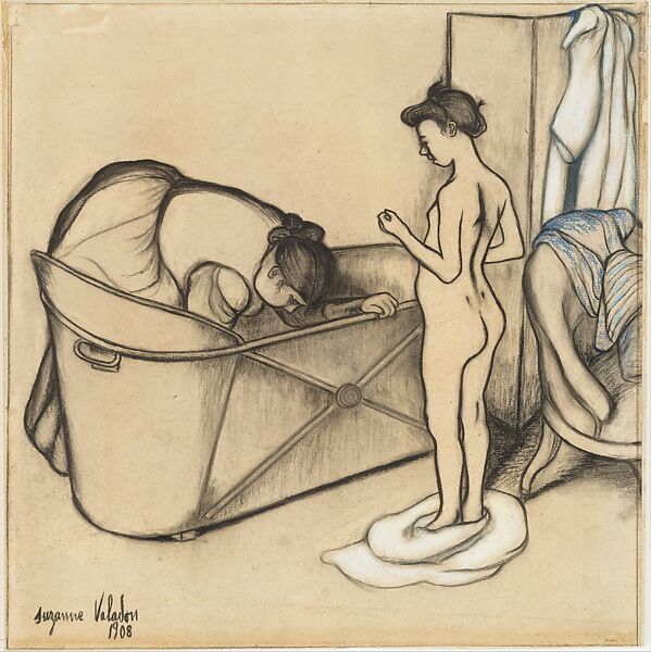 Before the Bath, Suzanne Valadon (French, Bessines-sur-Gartempe 1865–1938 Paris), Charcoal, colored and white chalk, with linear charcoal border on all edges, on dark buff wove paper mounted on board