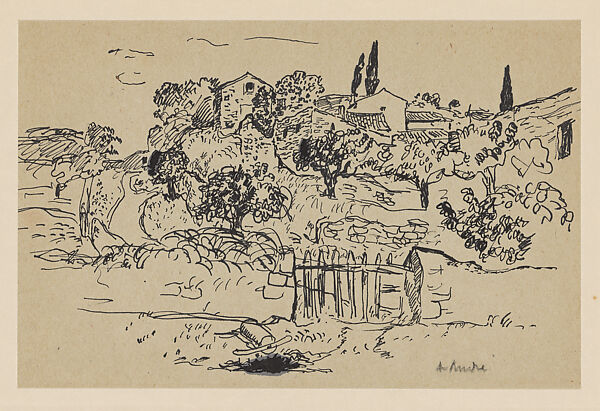 Old Houses at Laudun, Albert André (French, Lyons 1869–1954 Laudun), Pen and black ink with small areas of wash on tan wove paper with darker fibers, mounted with glue on heavy, cream-colored paper 