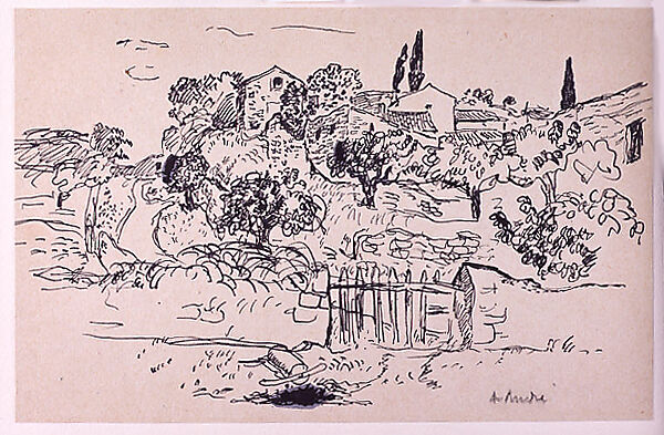 Old Houses at Laudun, Albert André (French, Lyons 1869–1954 Laudun), Pen and black ink with small areas of wash on tan wove paper with darker fibers, mounted with glue on heavy, cream-colored paper