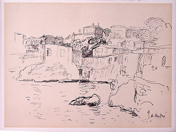 View of the Town of Endoume, Albert André (French, Lyons 1869–1954 Laudun), Pen and black ink on gray laid paper mounted on a sheet of heavy, cream-colored paper that has been run through a dry press to produce an embossed rectangle, slightly larger than, but proportional to the drawing