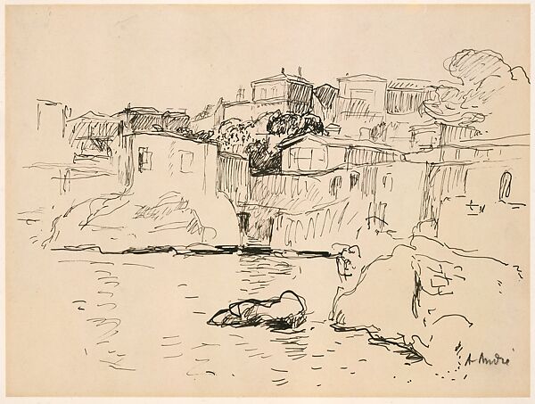 View of the Town of Endoume, Albert André (French, Lyons 1869–1954 Laudun), Pen and black ink on gray laid paper mounted on a sheet of heavy, cream-colored paper that has been run through a dry press to produce an embossed rectangle, slightly larger than, but proportional to the drawing 