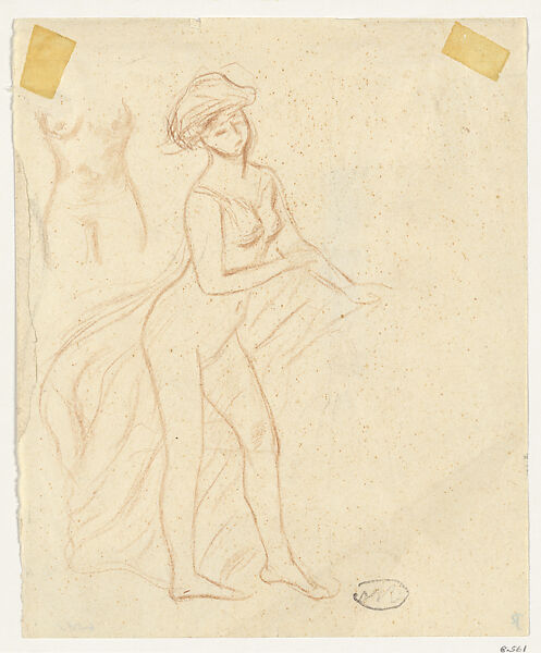 Female Nude with Drapery, Aristide Maillol  French, Brown conté crayon on polished, buff, wove paper, left edge torn as if from a sketchbook