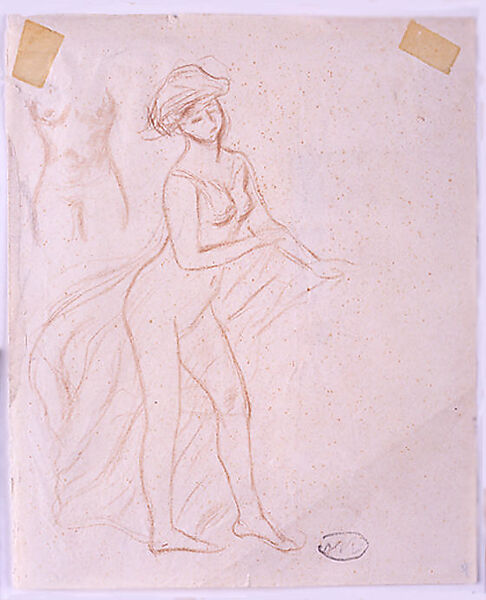 Female Nude with Drapery, Aristide Maillol (French, Banyuls-sur-Mer 1861–1944 Perpignan), Brown conté crayon on polished, buff, wove paper, left edge torn as if from a sketchbook