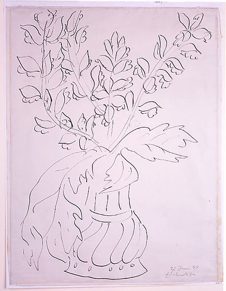 Vase of Flowers (Fleurs et feuilles d'acanthe dans un vase d'étain a godrons), Henri Matisse (French, Le Cateau-Cambrésis 1869–1954 Nice), Pen and black ink on off-white wove paper
