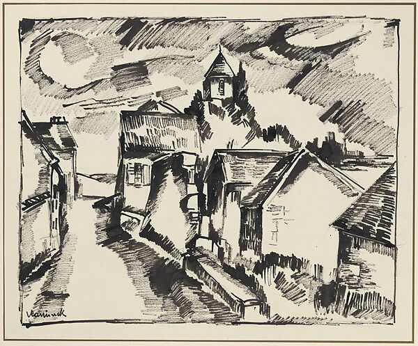 Townscape, Maurice de Vlaminck (French, Paris 1876–1958 Reuil-La-Gadelière), Reed pen or wooden stick and black ink and graphite, with black ink border, on off-white wove paper mounted on heavy wove paper, framed with a gilt line 