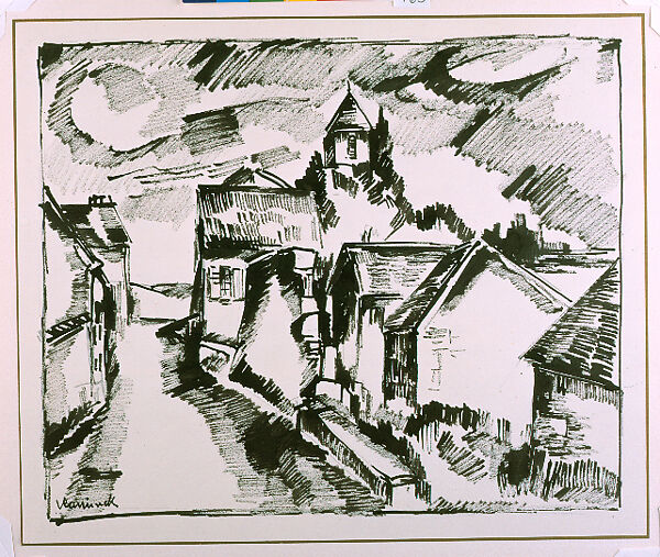 Townscape, Maurice de Vlaminck (French, Paris 1876–1958 Rueil-La-Gadelière), Reed pen or wooden stick and black ink and graphite, with black ink border, on off-white wove paper mounted on heavy wove paper, framed with a gilt line