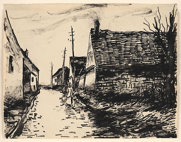 Village Street--Boissy-lès-Perche, Maurice de Vlaminck (French, Paris 1876–1958 Reuil-La-Gadelière), Reed pen or wooden stick and black ink and graphite on cream wove laid paper 