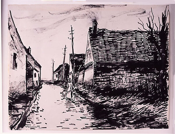 Village Street--Boissy-lès-Perche, Maurice de Vlaminck (French, Paris 1876–1958 Rueil-La-Gadelière), Reed pen or wooden stick and black ink and graphite on cream wove laid paper