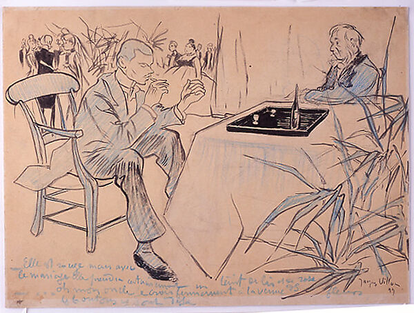 Young Man in Conversation with His Uncle, Jacques Villon (French, Damville 1875–1963 Puteaux), Black ink, gray wash, graphite, and blue crayon on buff wove paper 