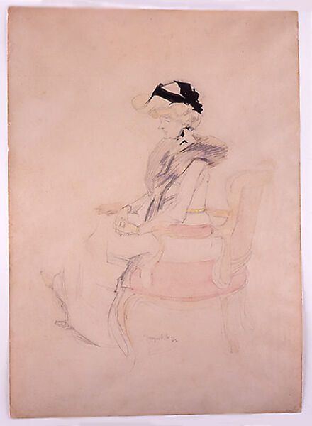 Seated Lady with Hat, Jacques Villon (French, Damville 1875–1963 Puteaux), Graphite, ink, and watercolor on buff wove paper, darkened 