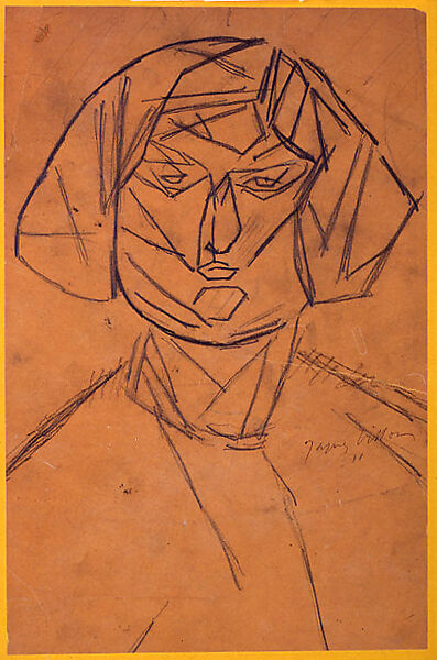Renée de face, Jacques Villon (French, Damville 1875–1963 Puteaux), Graphite and black crayon on brown tracing paper affixed to yellow mounting paper and mounted on stiff card 