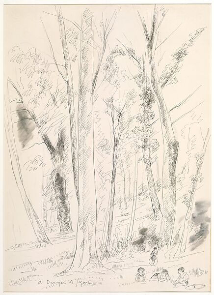 Landscape with Trees and Children, André-Dunoyer de Segonzac (French, Boussy-Saint-Antoine 1884–1974 Paris), Pen and black ink with wash and charcoal on heavy cream paper 