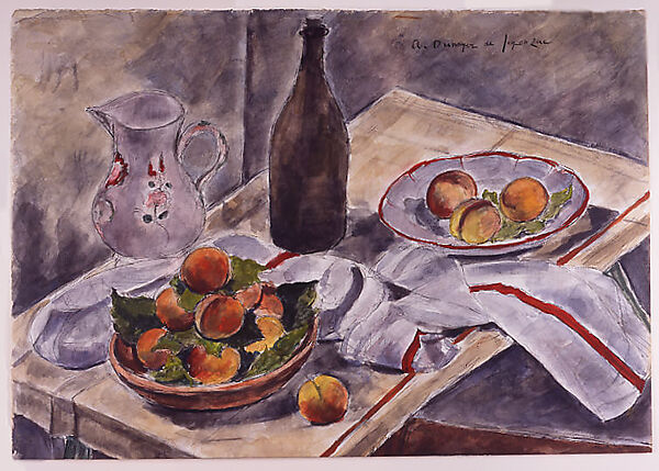 La Bouteille de vin, André-Dunoyer de Segonzac (French, Boussy-Saint-Antoine 1884–1974 Paris), Black ink. watercolor, and gouache over charcoal (graphite border on bottom margin) 