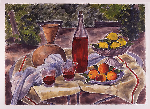 Still Life with Two Glasses of Wine, André-Dunoyer de Segonzac (French, Boussy-Saint-Antoine 1884–1974 Paris), Charcoal, ink, watercolor, and gouache 