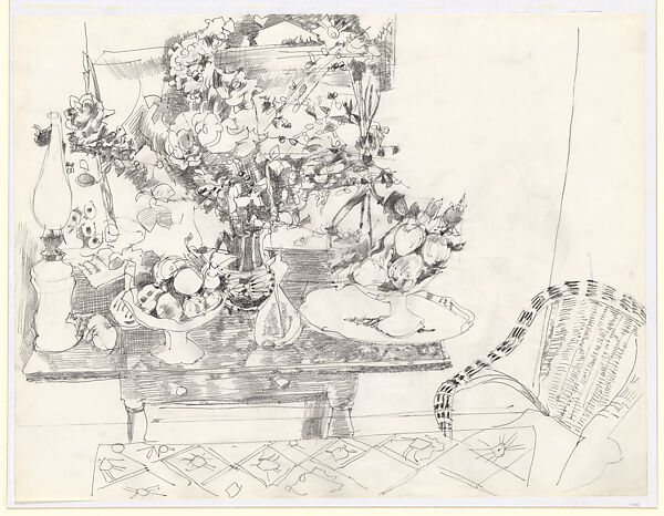 Still Life with Fruit and  Flowers, Raymond Legueult  French, Black crayon