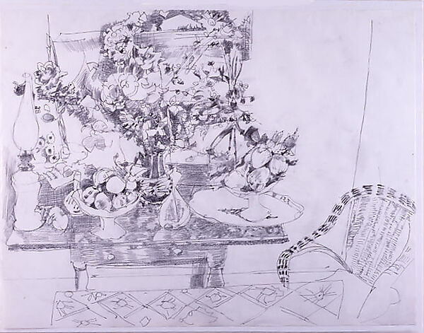 Still Life with Fruit and  Flowers, Raymond Legueult (French, Paris 1898–1971), Black crayon