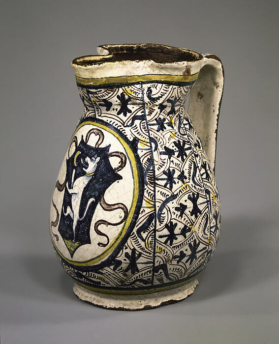 Armorial Jug (boccale), Maiolica (tin-glazed earthenware), Italian, Florence or vicinity