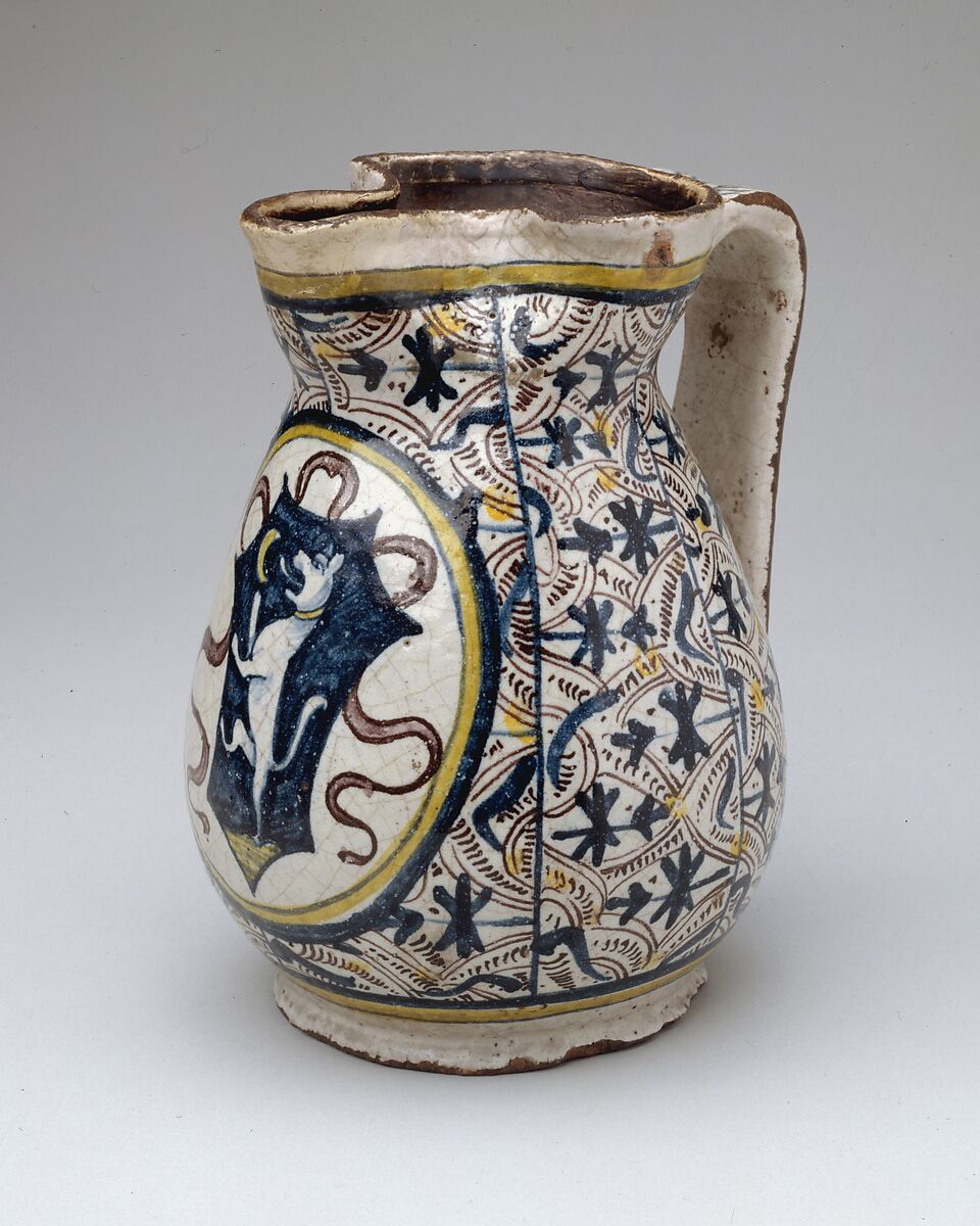 Armorial Jug (boccale), Maiolica (tin-glazed earthenware), Italian, Florence or vicinity 