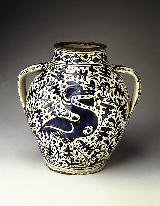 Apothecary jar (orciuolo), perhaps workshop of Giunta di Tugio (Italian (Florence), active ca. 1430–1466), Maiolica (tin-glazed earthenware)