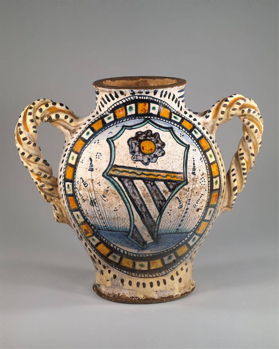 Armorial Jug (vaso), Maiolica (tin-glazed earthenware), Italian, probably Tuscany (?) 