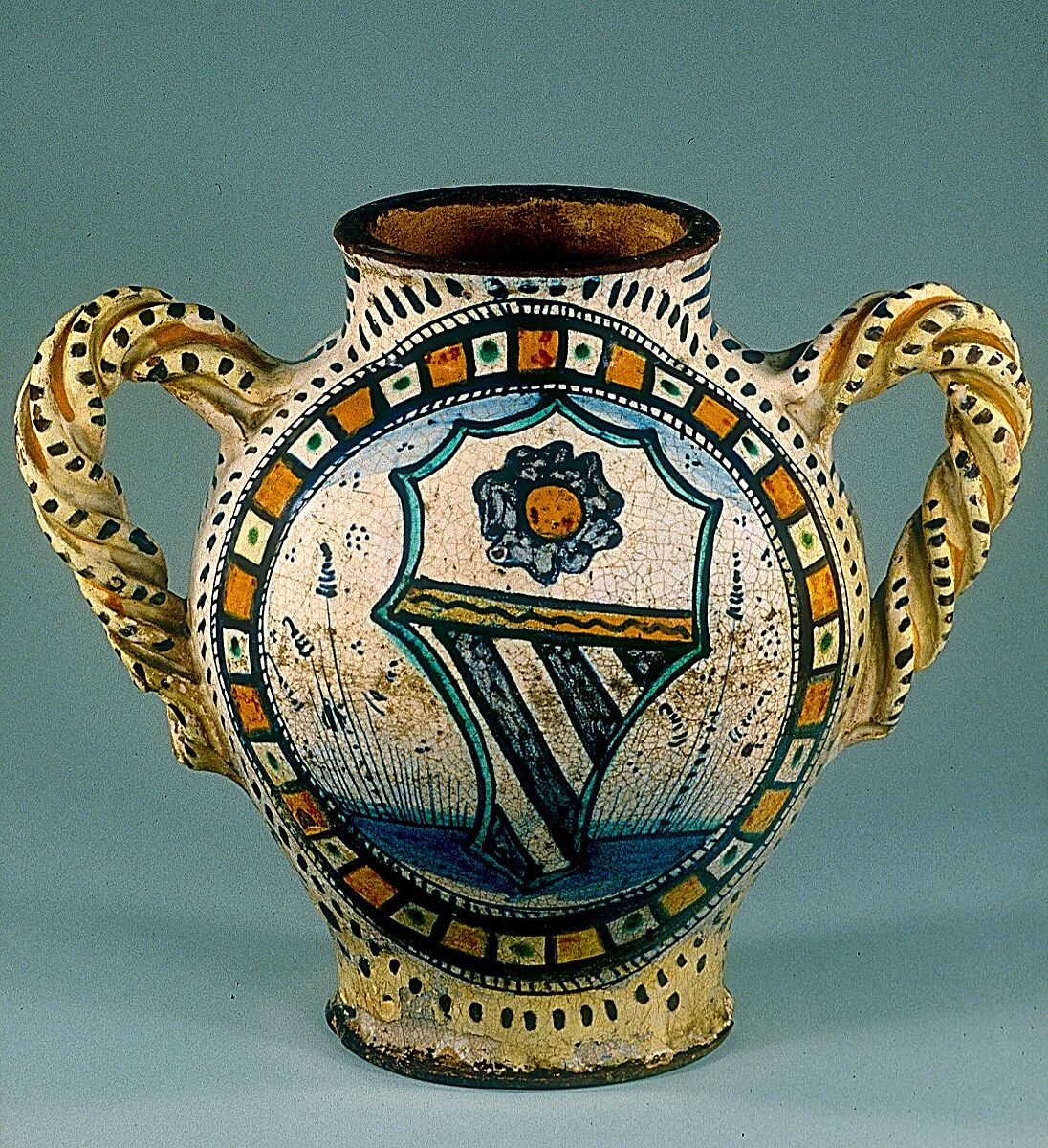 Armorial Jug (vaso), Maiolica (tin-glazed earthenware), Italian, probably Tuscany (?)