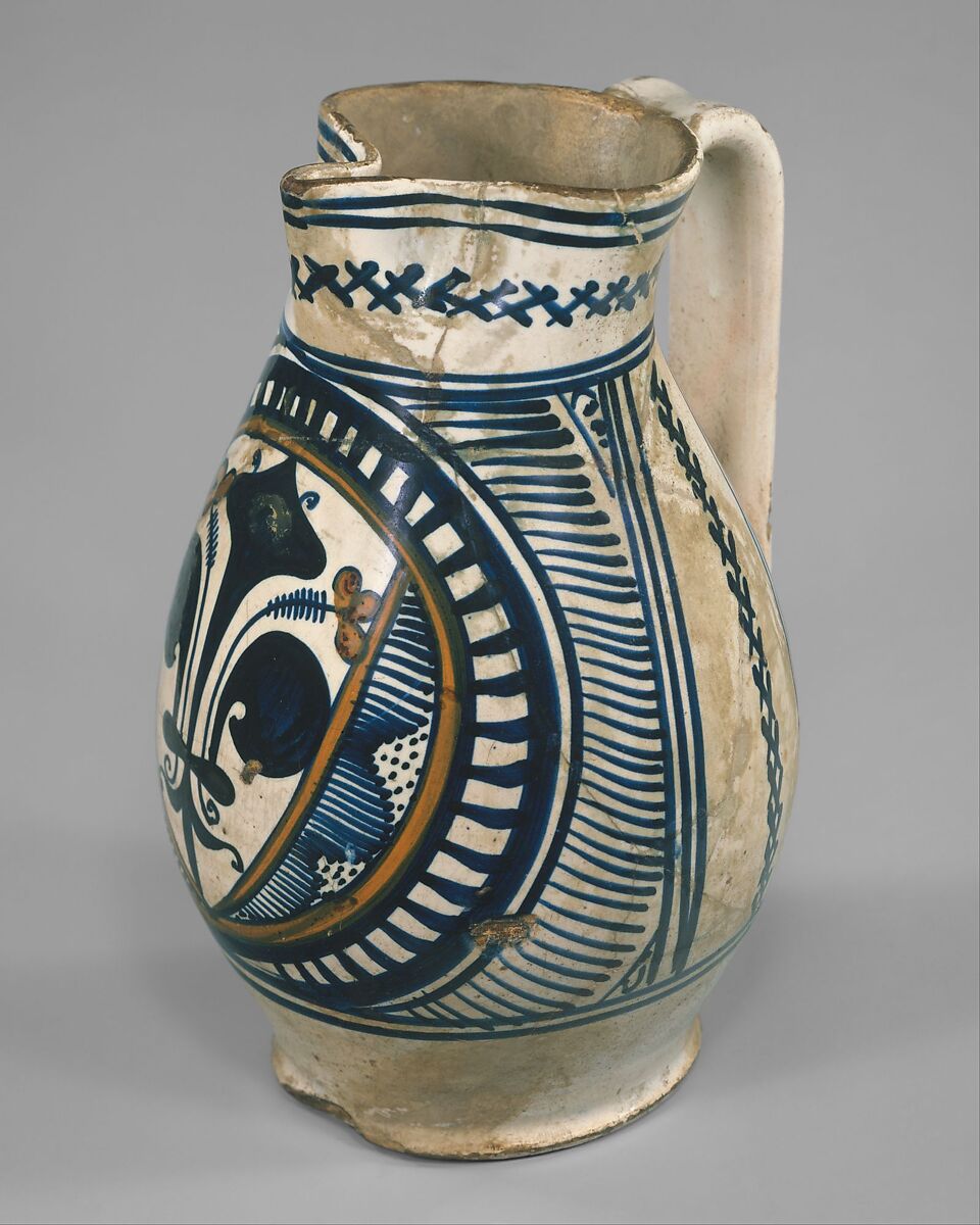 Armorial jug (boccale), Maiolica (tin-glazed earthenware), Italian, possibly Florence or Faenza 