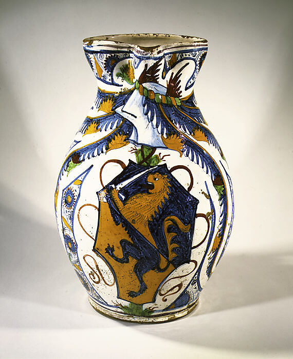 Armorial Jug (boccale), Maiolica (tin-glazed earthenware), Italian, Tuscany, Cafaggiolo or Montelupo