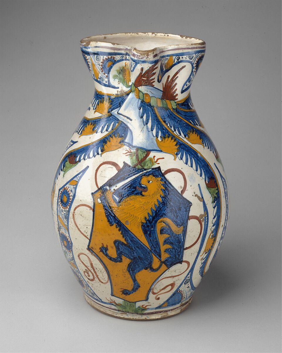 Armorial Jug (boccale), Maiolica (tin-glazed earthenware), Italian, Tuscany, Cafaggiolo or Montelupo 