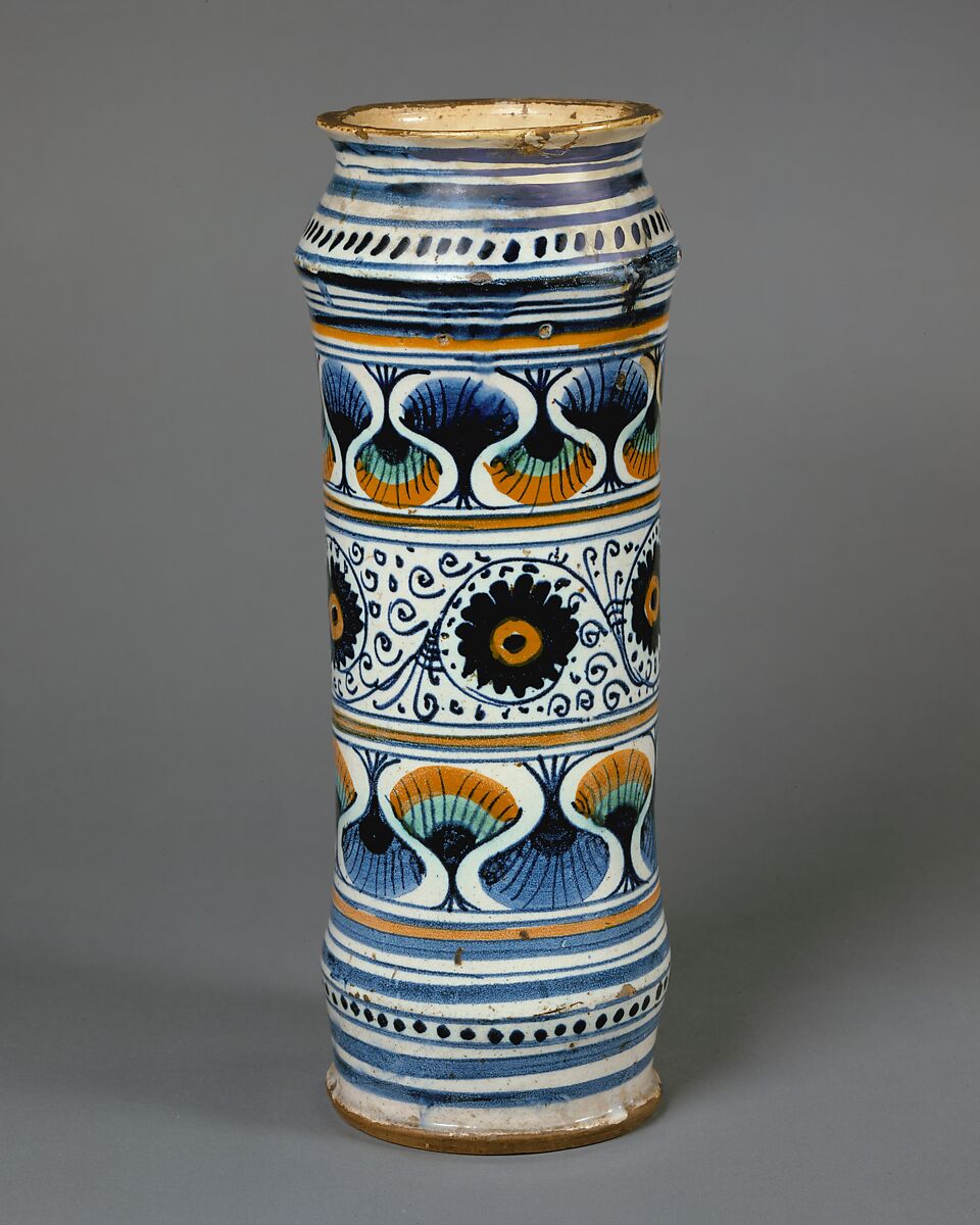 Apothecary jar (albarello), Maiolica (tin-glazed earthenware), Italian, probably Faenza 