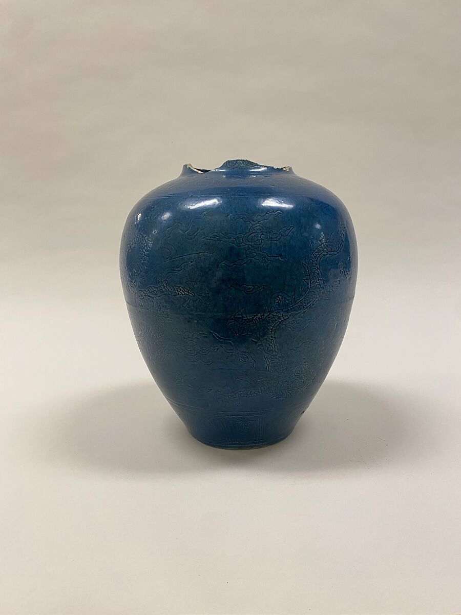 Jar with dragons, Porcelain with incised decoration under blue glaze (Jingdezhen ware), China
