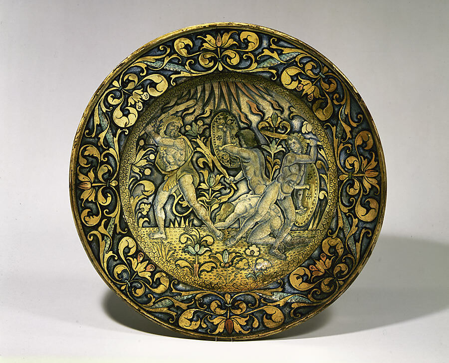 Dish (piatto); The story of Hercules: the gods called upon Hercules to help them defend Olympus against the attack of the Giants, sons of Uranus and Gaea (Heaven and Earth), Maiolica (tin-glazed earthenware), Italian, Deruta
