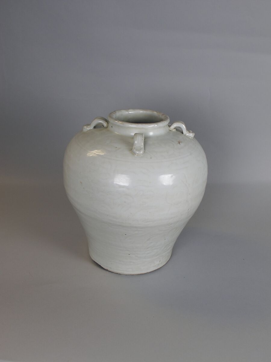 Jar with four lugs, Porcelain with incised decoration under white glaze (Jingdezhen ware), China