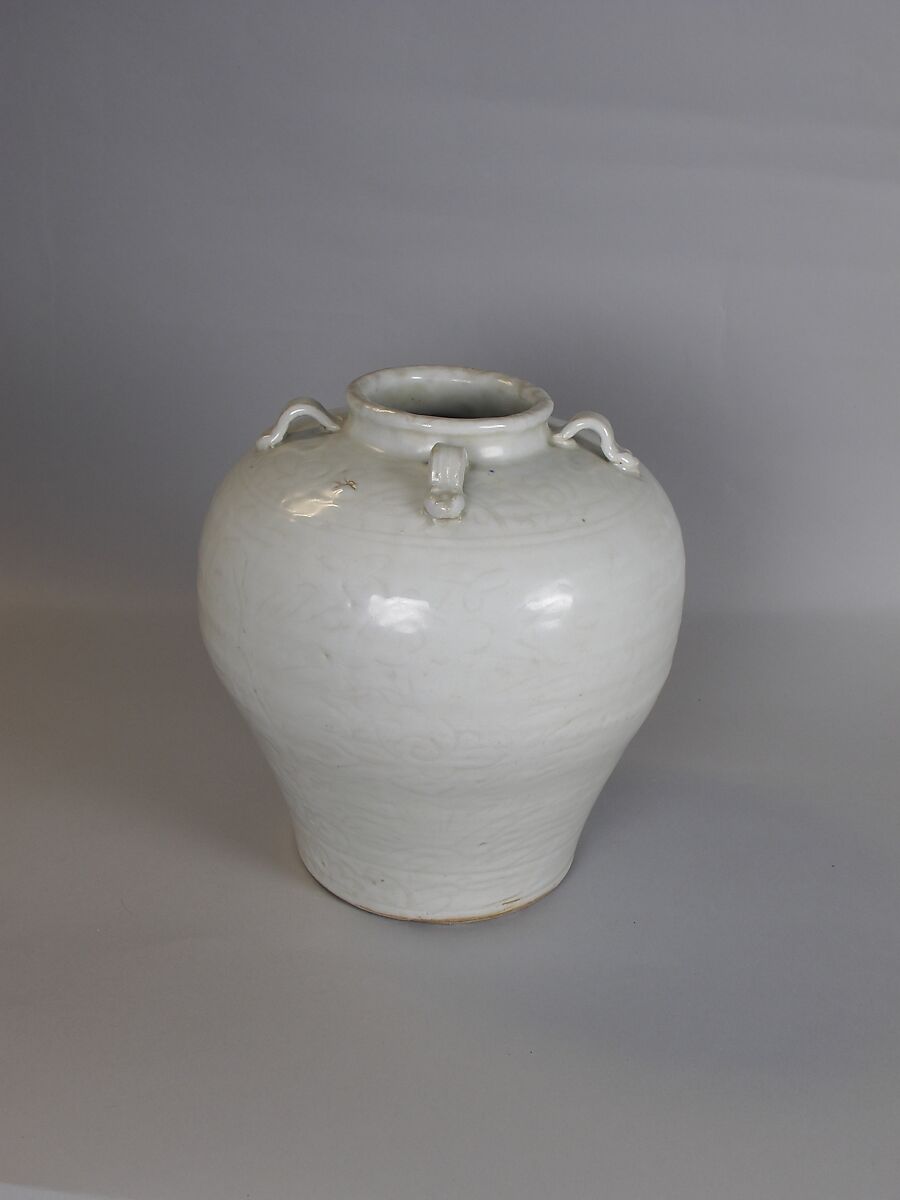 Jar with four lugs, Porcelain with incised decoration under white glaze (Jingdezhen ware), China