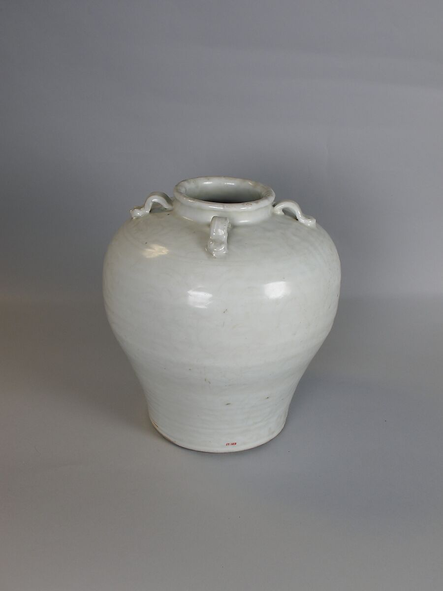 Jar with four lugs, Porcelain with incised decoration under white glaze (Jingdezhen ware), China