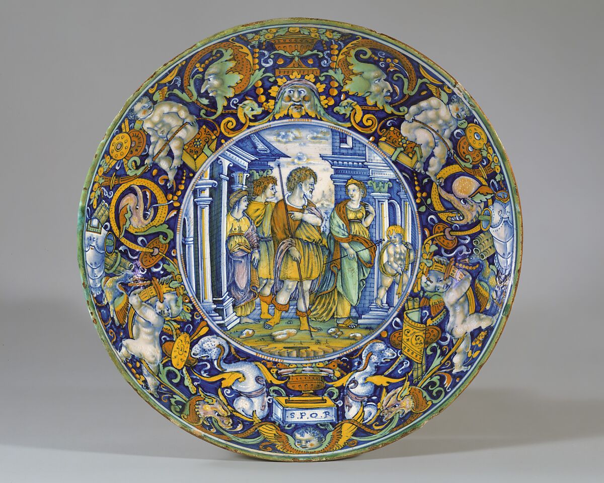Dish (coppa): The story of Aeneas: Queen Dido of Carthage welcomes Aeneas and his son., possibly workshop of Giovanni Maria Vasaro (Italian (Castel Durante), active early 16th century), Maiolica (tin-glazed earthenware), Italian, Castel Durante 