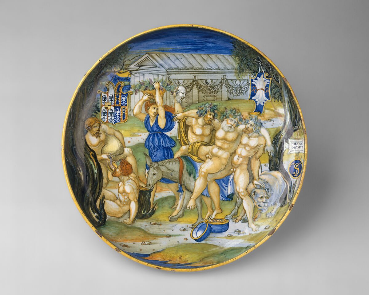 Armorial Plate: Silenus on an ass, supported by Bacchic revelers, Nicola da Urbino (Italian, active by 1520–died ?1537/38 Urbino) or Castel Durante, Maiolica (tin-glazed earthenware)