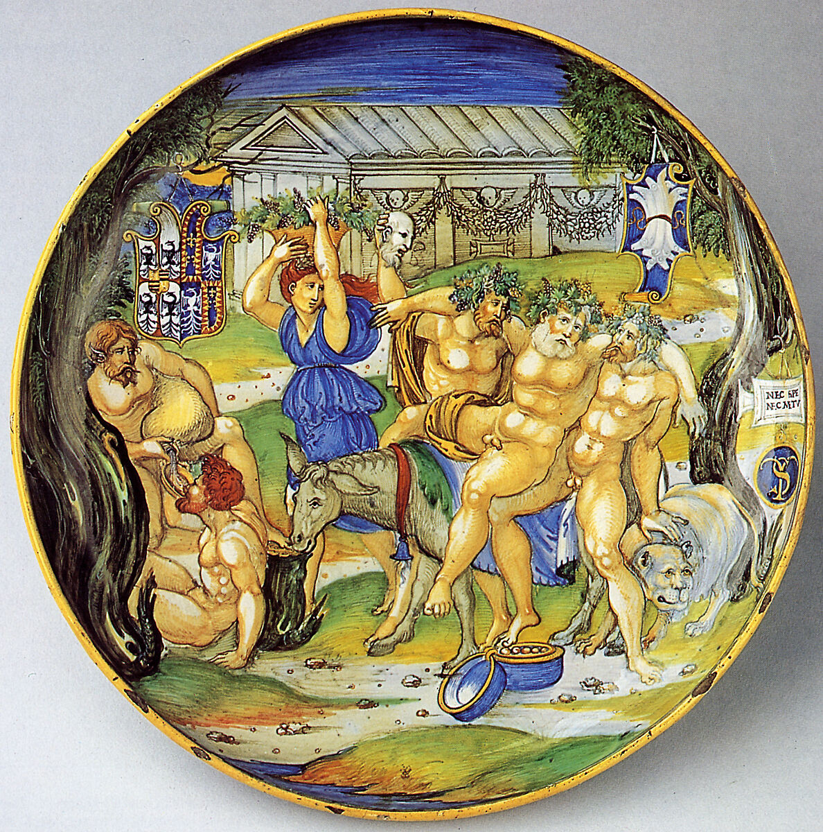 Armorial Plate: Silenus on an ass, supported by Bacchic revelers, Nicola da Urbino (Italian, active by 1520–died ?1537/38 Urbino) or Castel Durante, Maiolica (tin-glazed earthenware) 
