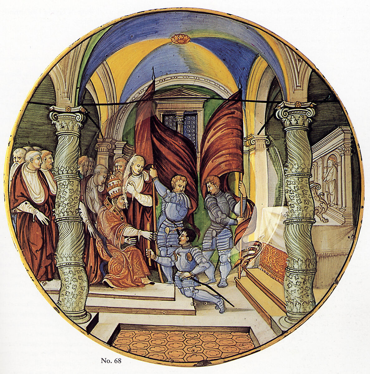 Large Dish (tagliere): Pope Leo X presenting a baton to Federigo II Gonzaga, marquis of Mantua, on his appointment as captain general of the Church in 1521., Nicola da Urbino (Italian, active by 1520–died ?1537/38 Urbino), Maiolica (tin-glazed earthenware)