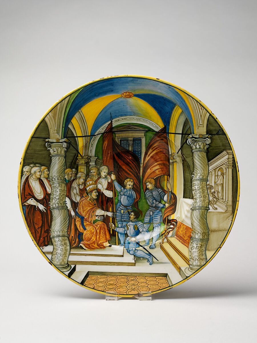 Large Dish (tagliere): Pope Leo X presenting a baton to Federigo II Gonzaga, marquis of Mantua, on his appointment as captain general of the Church in 1521., Nicola da Urbino (Italian, active by 1520–died ?1537/38 Urbino), Maiolica (tin-glazed earthenware) 