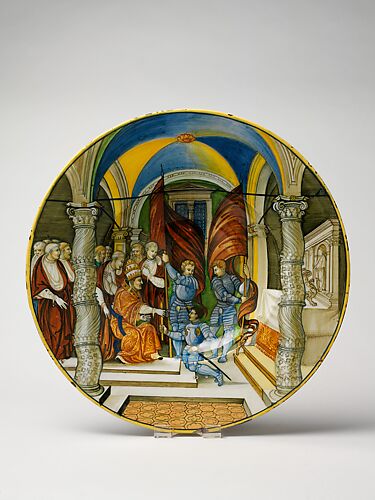 Large Dish (tagliere): Pope Leo X presenting a baton to Federigo II Gonzaga, marquis of Mantua, on his appointment as captain general of the Church in 1521.