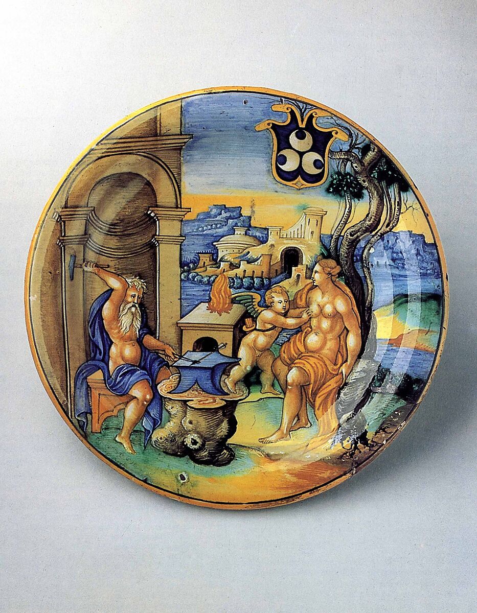 Dish (piatto): Vulcan forging an arrow for Cupid, the "Milan Marsyas" Painter (Italian (Urbino), active first half of the 16th century)  , Urbino, Maiolica (tin-glazed earthenware) 