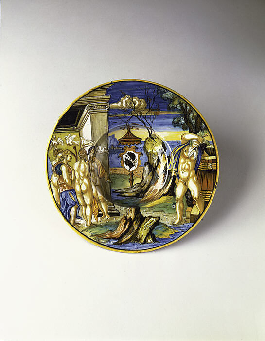 Armorial dish: The story of King Anius, Francesco Xanto Avelli da Rovigo (Italian, Rovigo ca.1487–1542), Maiolica (tin-glazed earthenware)