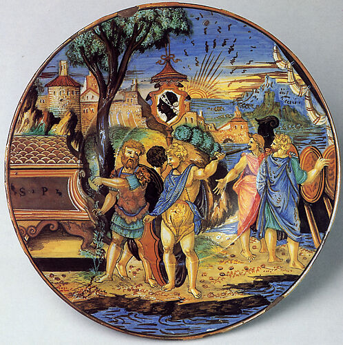 Nicola da Urbino, Armorial Plate: Silenus on an ass, supported by Bacchic  revelers