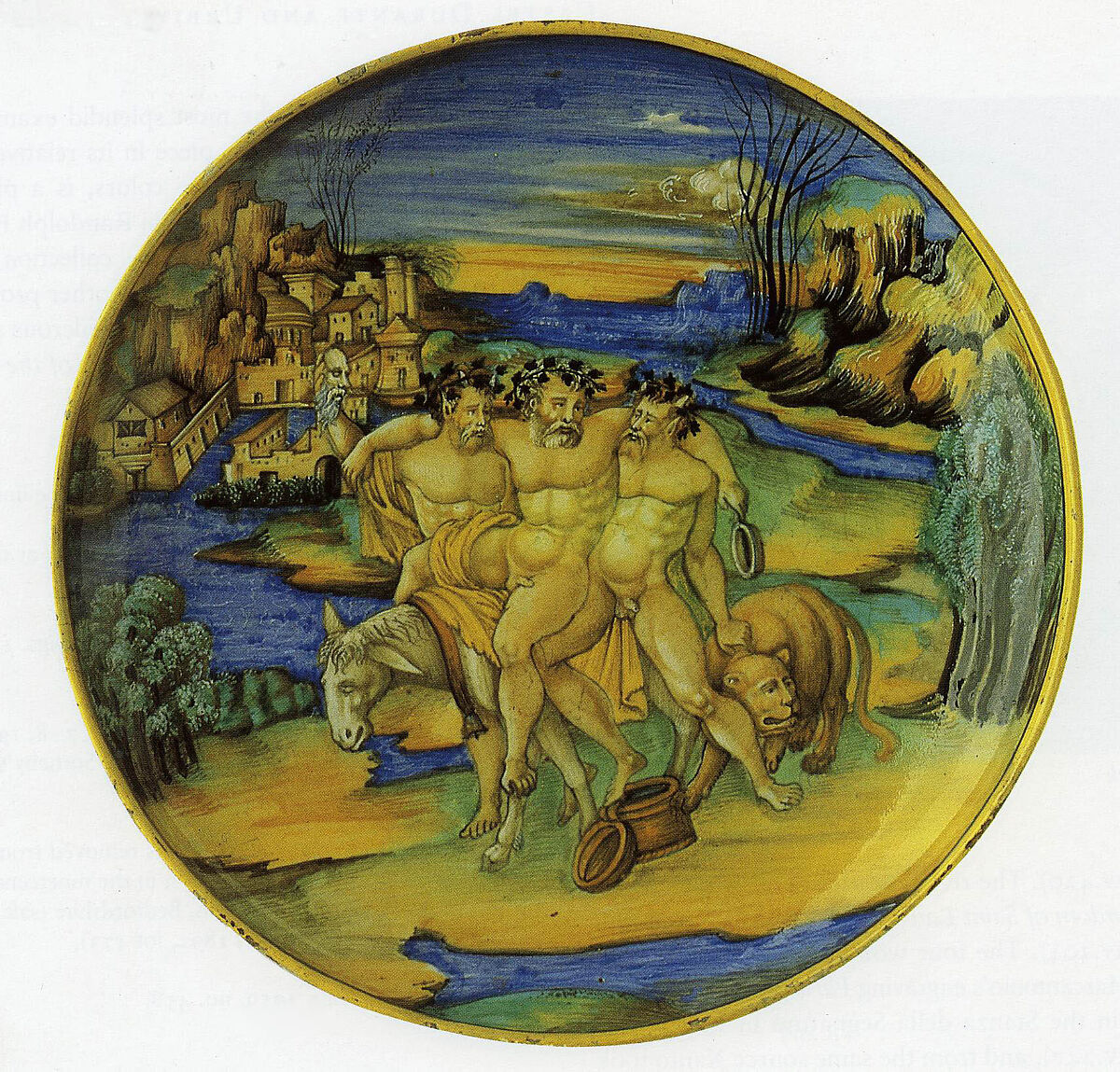 Dish (coppa): The satyr Silenus on an Ass, the "Milan Marsyas" Painter (Italian (Urbino), active first half of the 16th century) (?), Urbino, Maiolica (tin-glazed earthenware) 