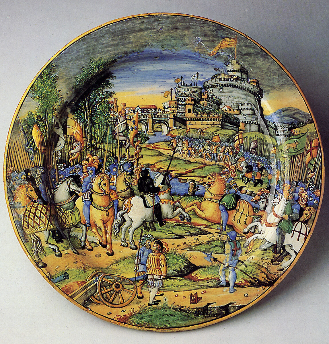Large plate (grande piatto): An episode from the Sack of Rome, 1527: the assault on the Borgo (?), workshop of Guido Durantino (Italian, Urbino, active 1516–ca. 1576), Maiolica (tin-glazed earthenware), Italian, Urbino 