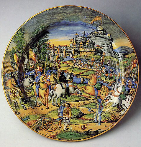 Large plate (grande piatto): An episode from the Sack of Rome, 1527: the assault on the Borgo (?)