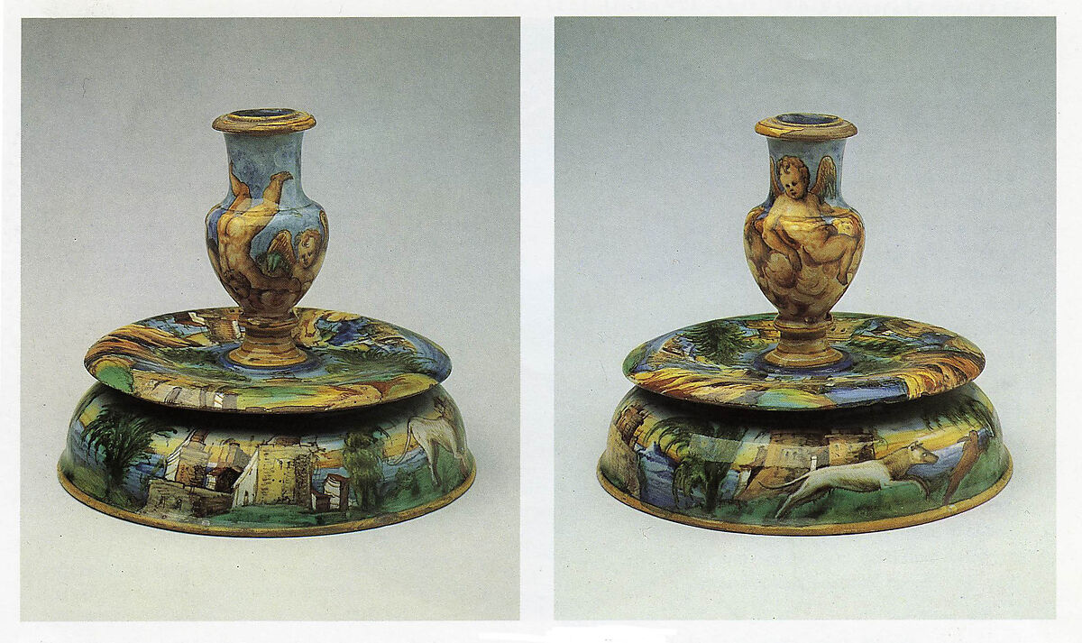 Pair of candlesticks (candelieri), possibly workshop of Guido Durantino (Italian, Urbino, active 1516–ca. 1576), Maiolica (tin-glazed earthenware), Italian, Urbino 