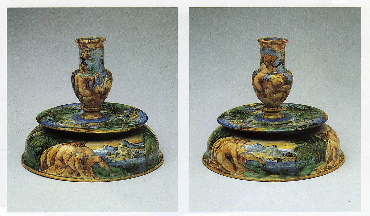 Pair of candlesticks (candelieri), possibly workshop of Guido Durantino (Italian, Urbino, active 1516–ca. 1576), Maiolica (tin-glazed earthenware), Italian, Urbino 