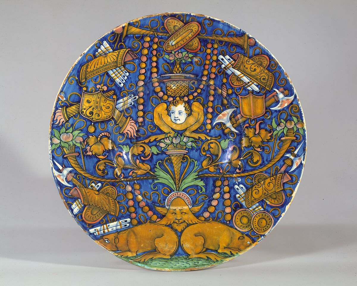 Plate (tagliere), probably workshop of Maestro Giorgio Andreoli (Italian (Gubbio), active first half of 16th century), Maiolica (tin-glazed earthenware) 