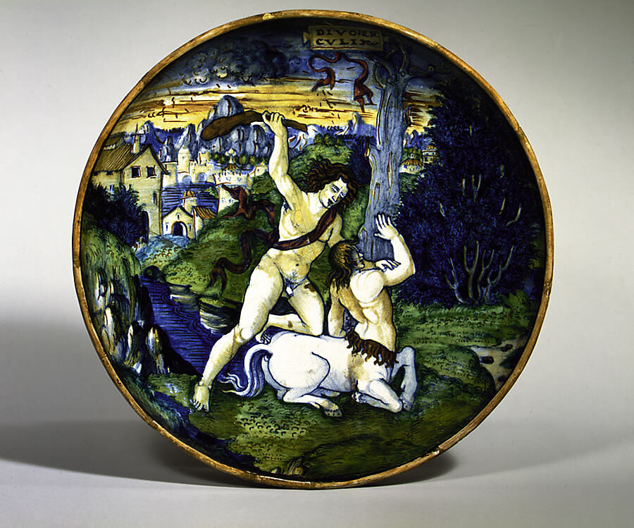 Dish (coppa): Hercules slays the centaur Nessus, workshop of Maestro Giorgio Andreoli (Italian (Gubbio), active first half of 16th century), Maiolica (tin-glazed earthenware)